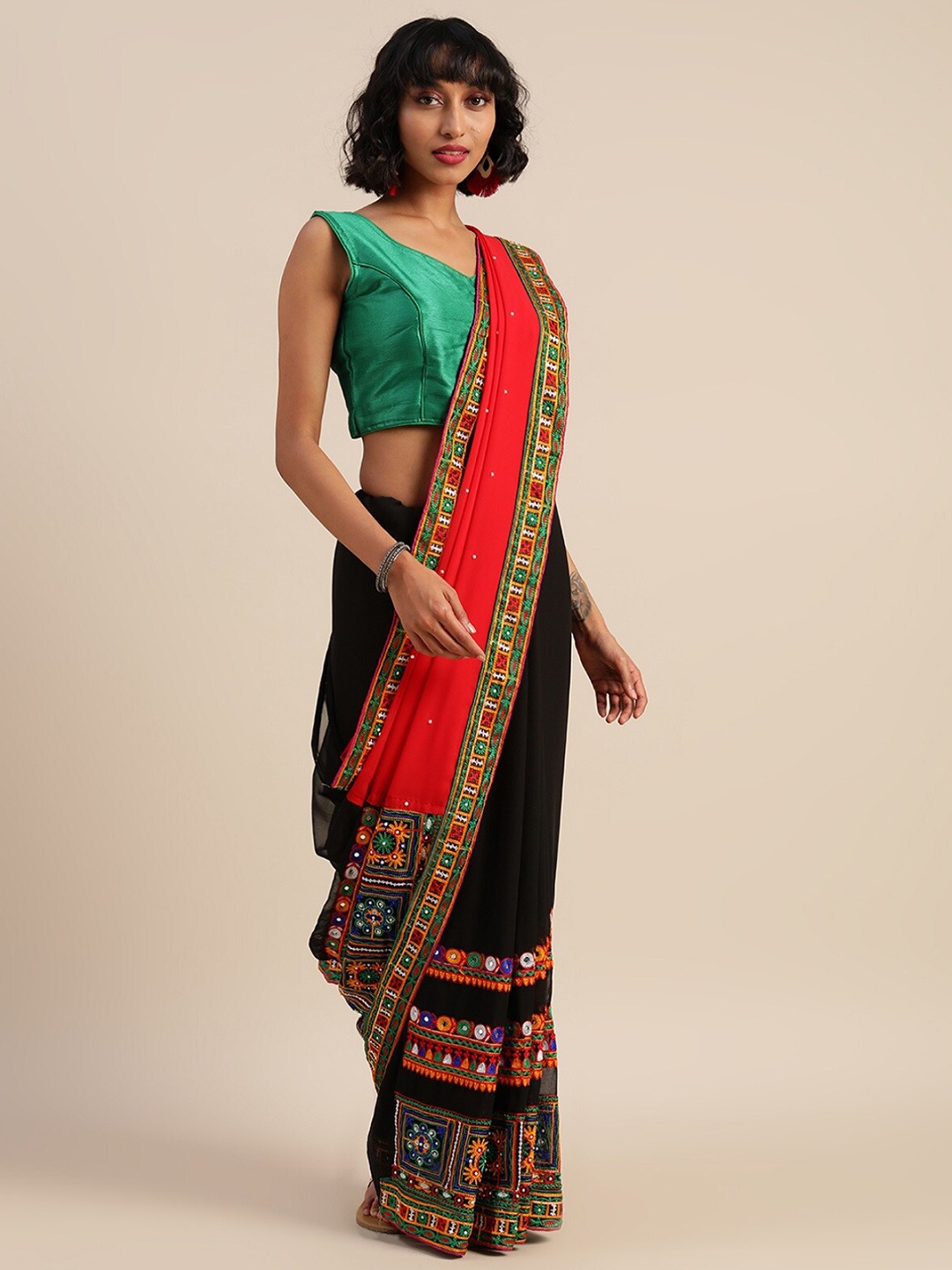 KALINI Floral Embroidered Pure Georgette Half and Half Saree, Black