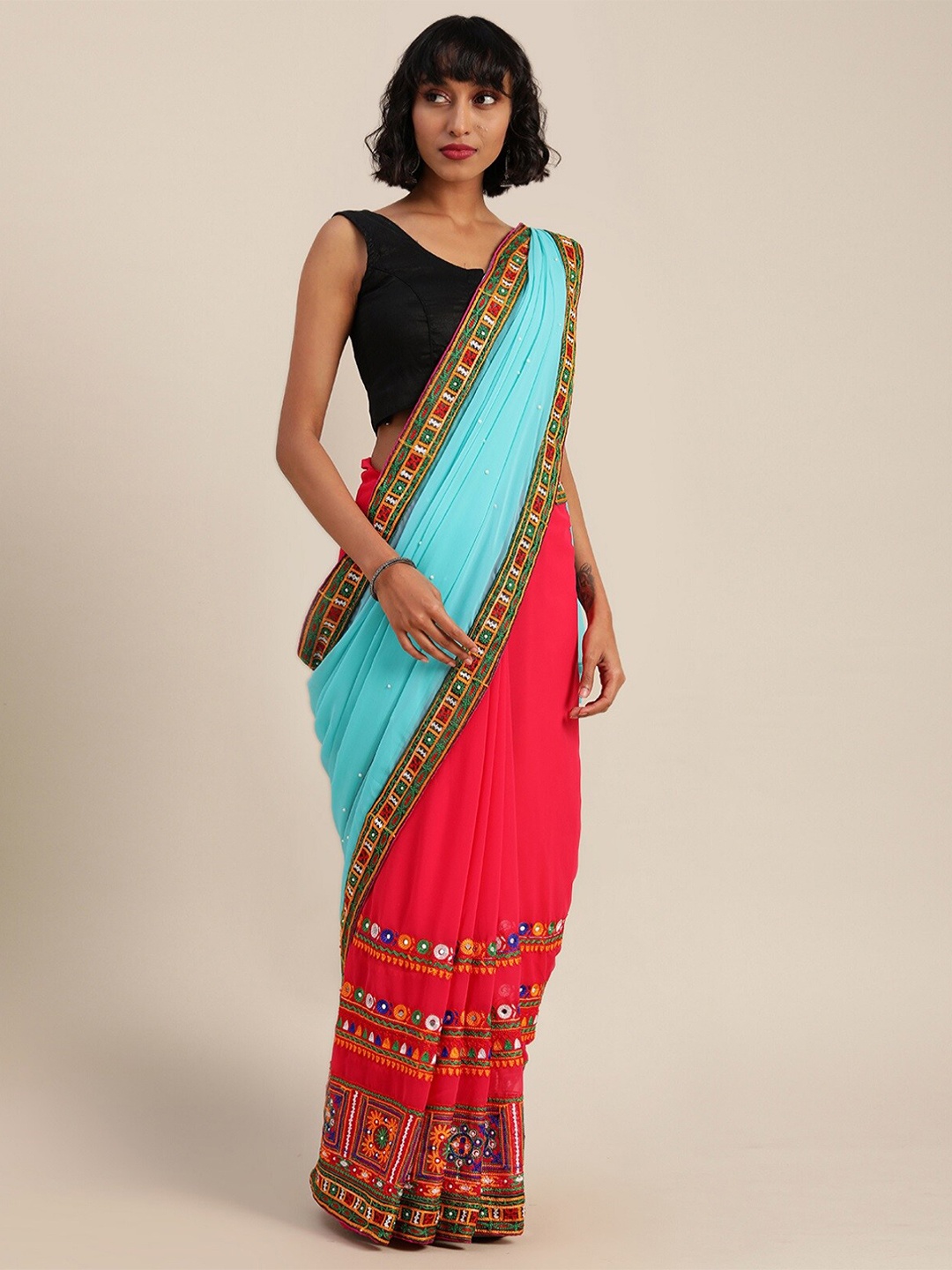 

KALINI Floral Embroidered Pure Georgette Half and Half Saree, Blue