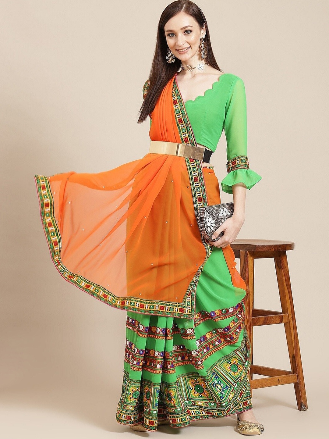 KALINI Floral Embroidered Pure Georgette Half and Half Saree, Green