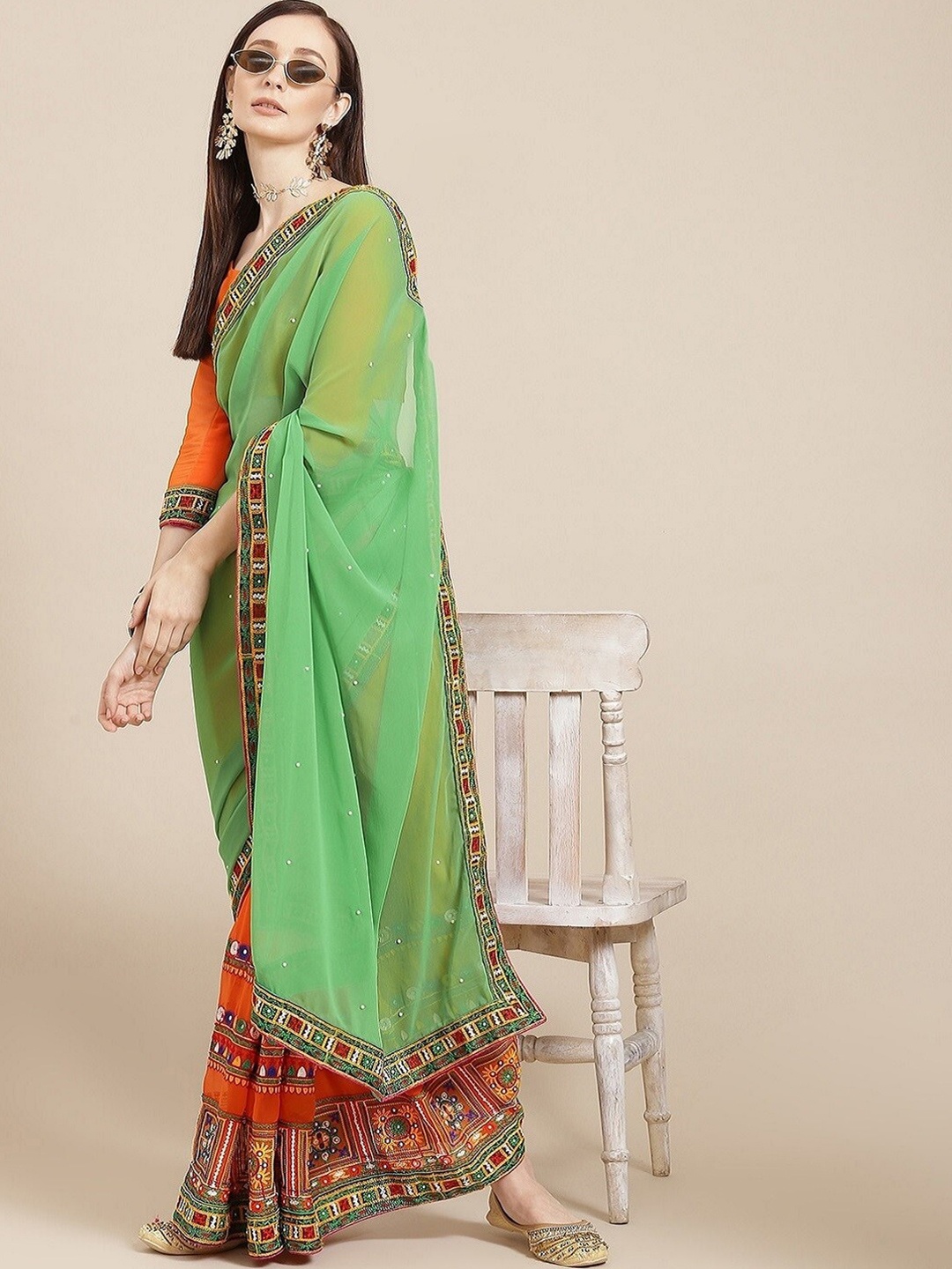 

KALINI Floral Embroidered Pure Georgette Half and Half Saree, Orange