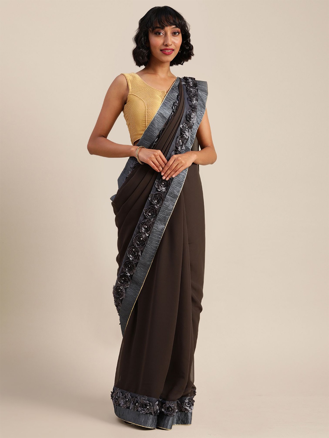 

KALINI Floral Embroidered Pure Georgette Saree, Grey