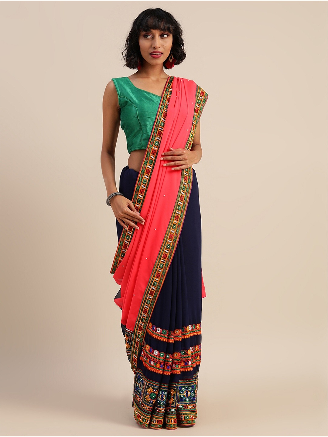 

KALINI Floral Embroidered Pure Georgette Half and Half Saree, Navy blue