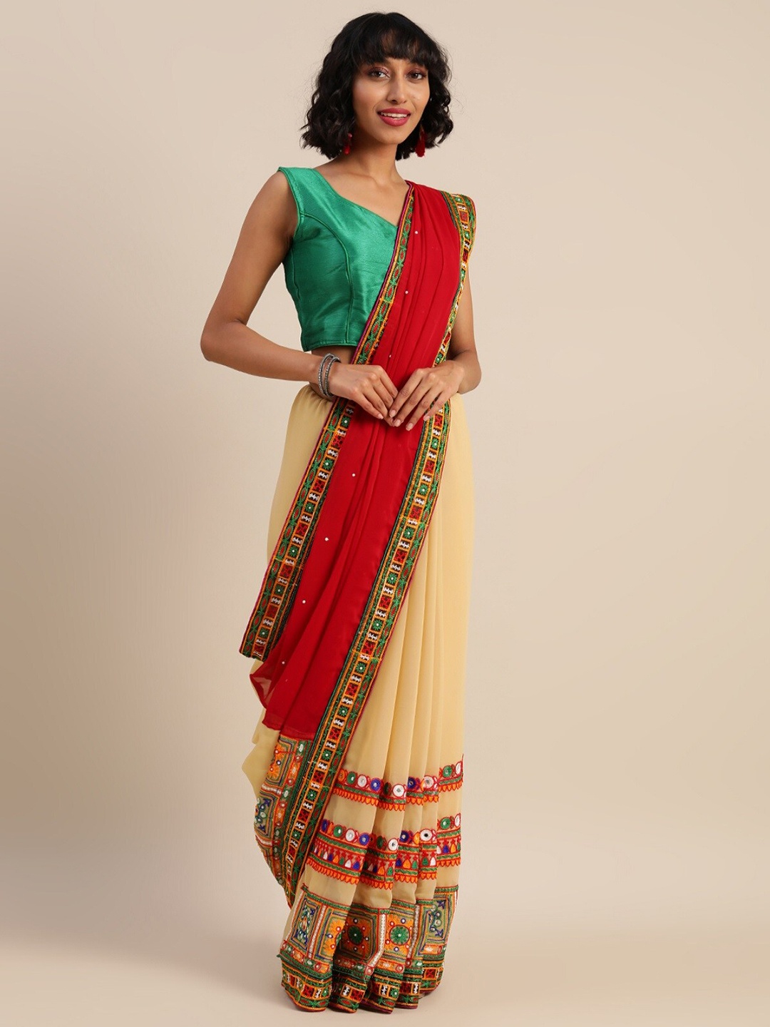 

KALINI Floral Embroidered Pure Georgette Half and Half Saree, Cream