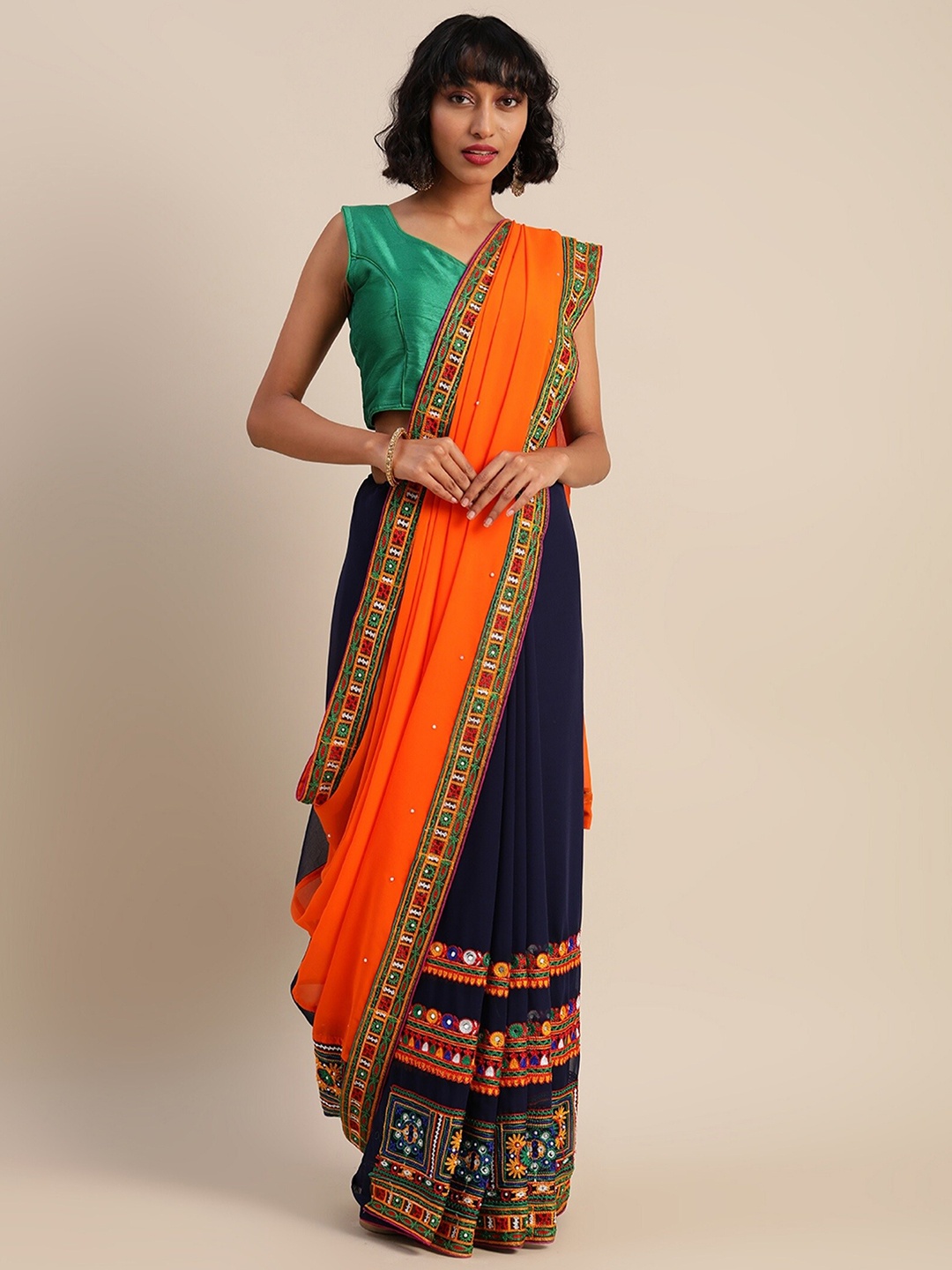 KALINI Floral Embroidered Pure Georgette Half and Half Saree, Orange