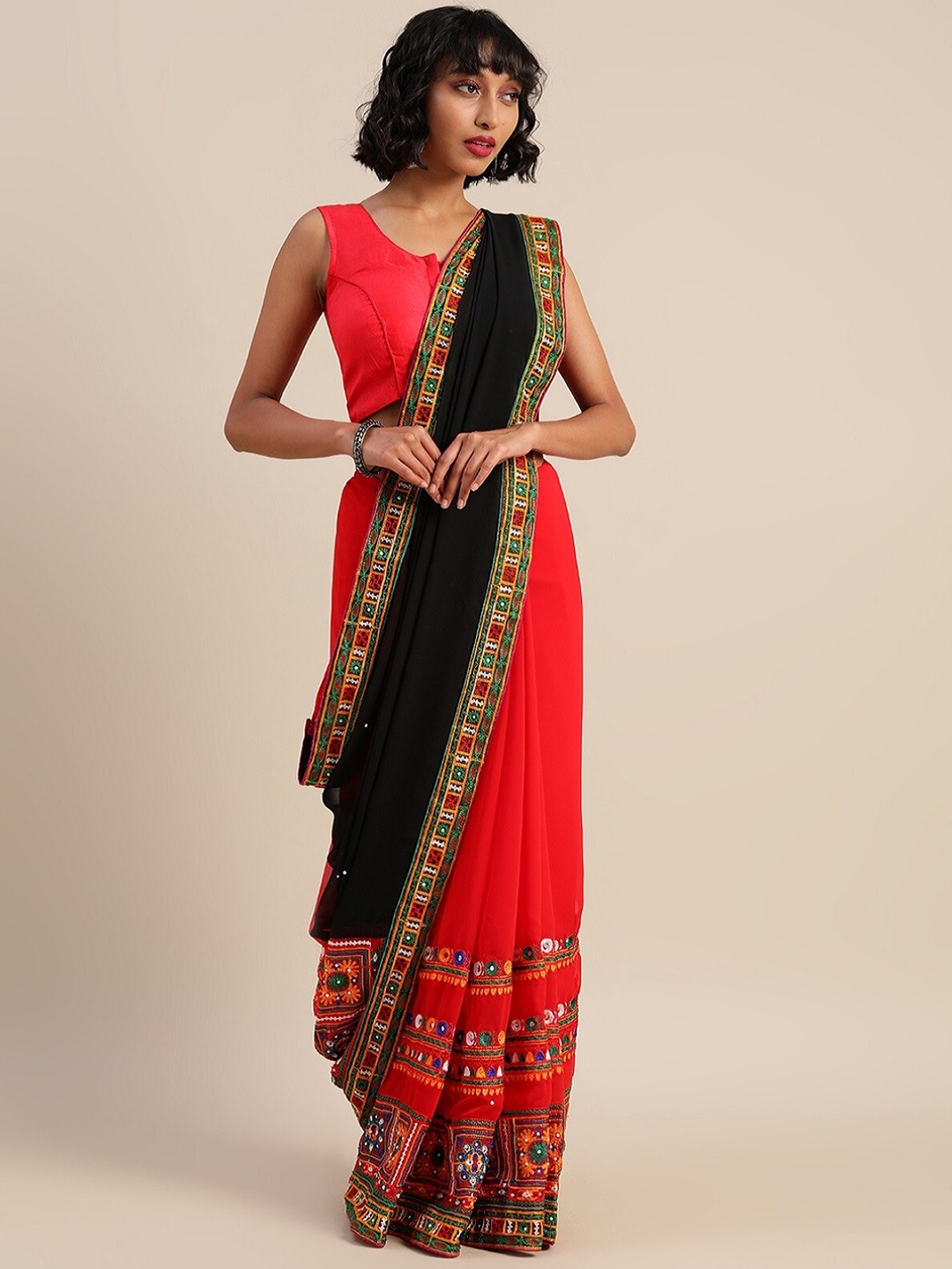 KALINI Floral Embroidered Pure Georgette Half and Half Saree, Pink