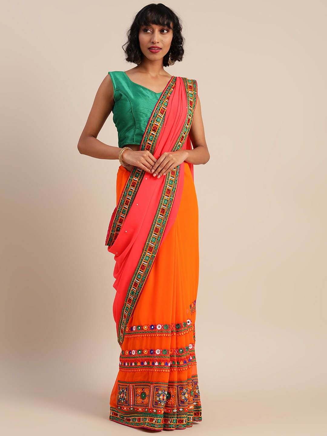 

KALINI Floral Embroidered Pure Georgette Half and Half Saree, Pink