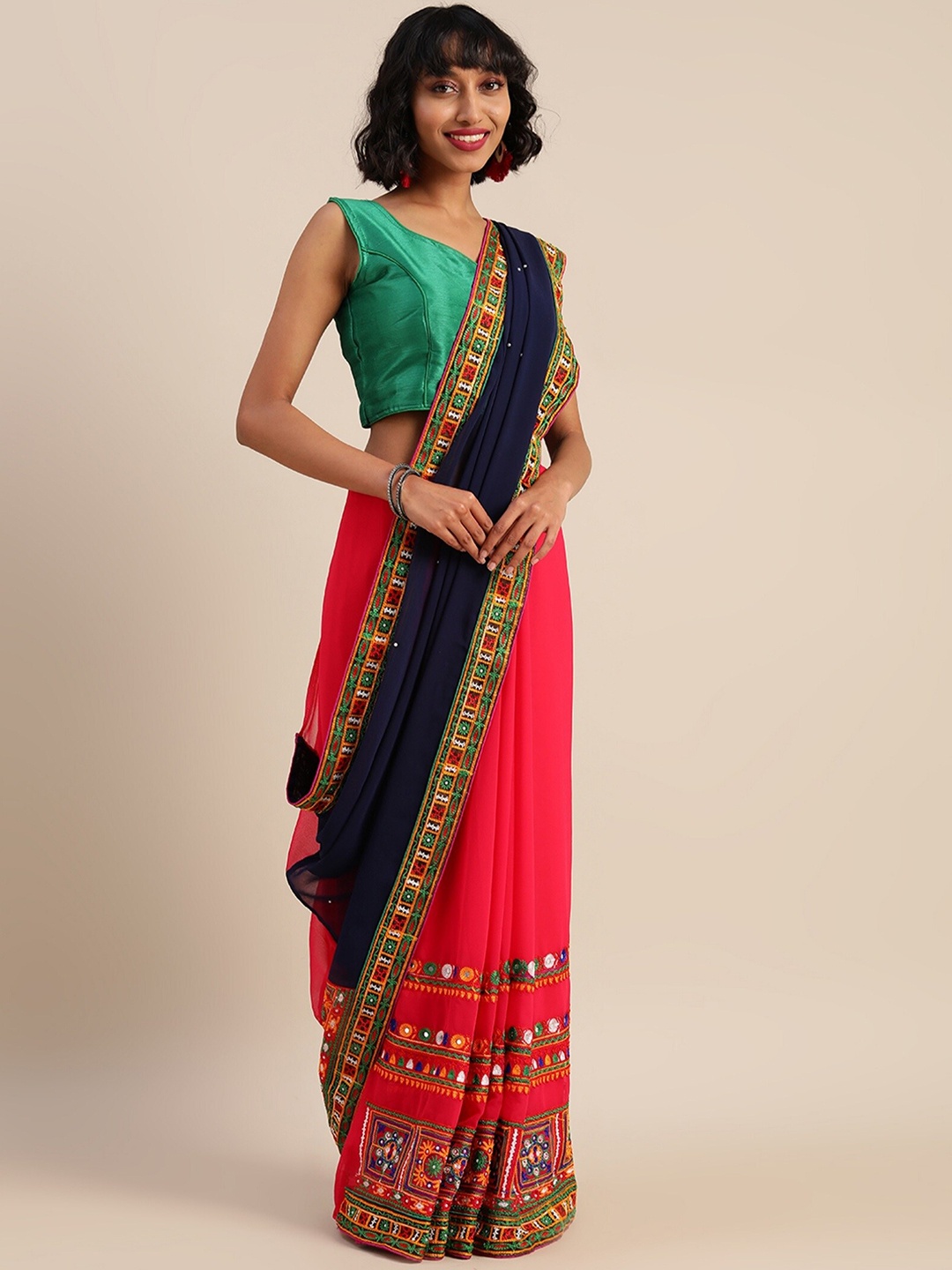 

KALINI Floral Embroidered Pure Georgette Half and Half Saree, Blue