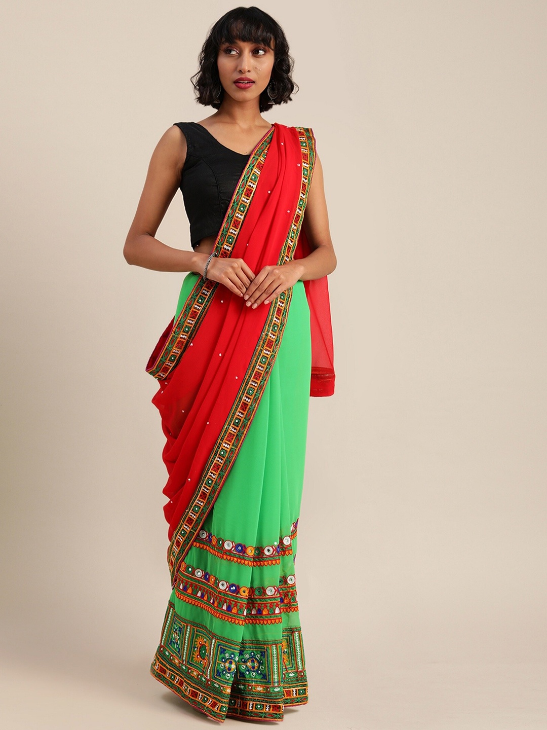 

KALINI Floral Embroidered Pure Georgette Half and Half Saree, Red