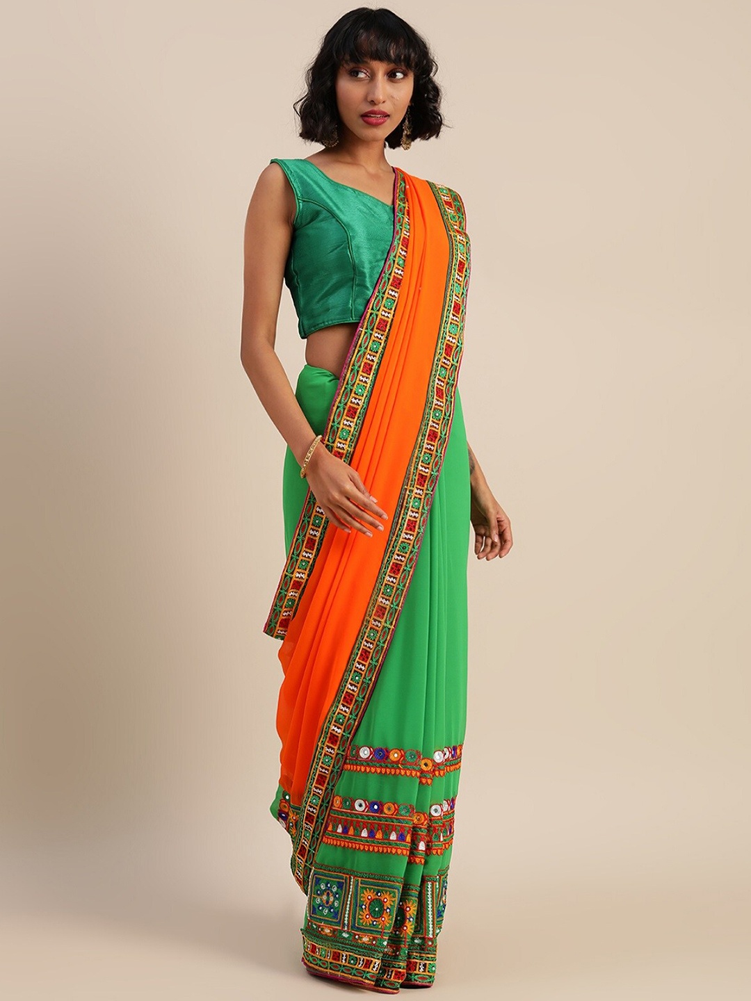 KALINI Embroidered Pure Georgette Half and Half Saree, Green
