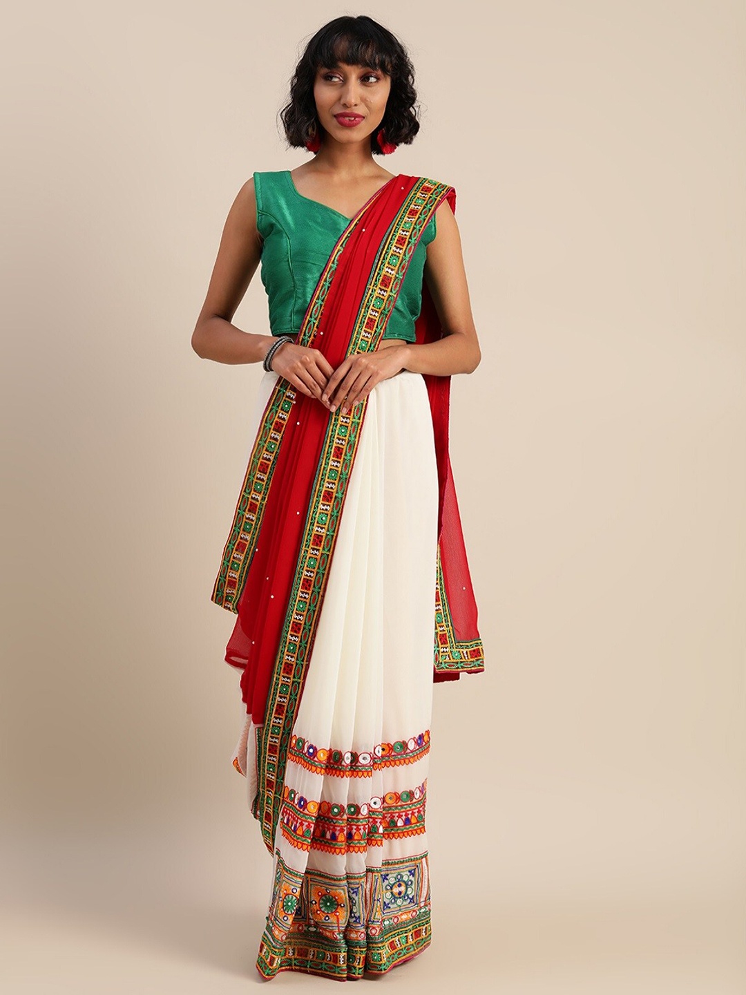 

KALINI Floral Embroidered Pure Georgette Half and Half Saree, White