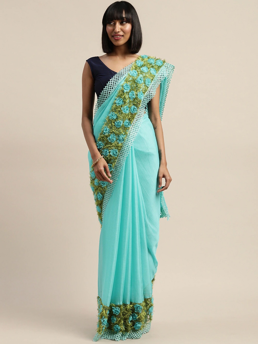 

KALINI Floral Embroidered Pure Chiffon Designer Saree, Turquoise blue
