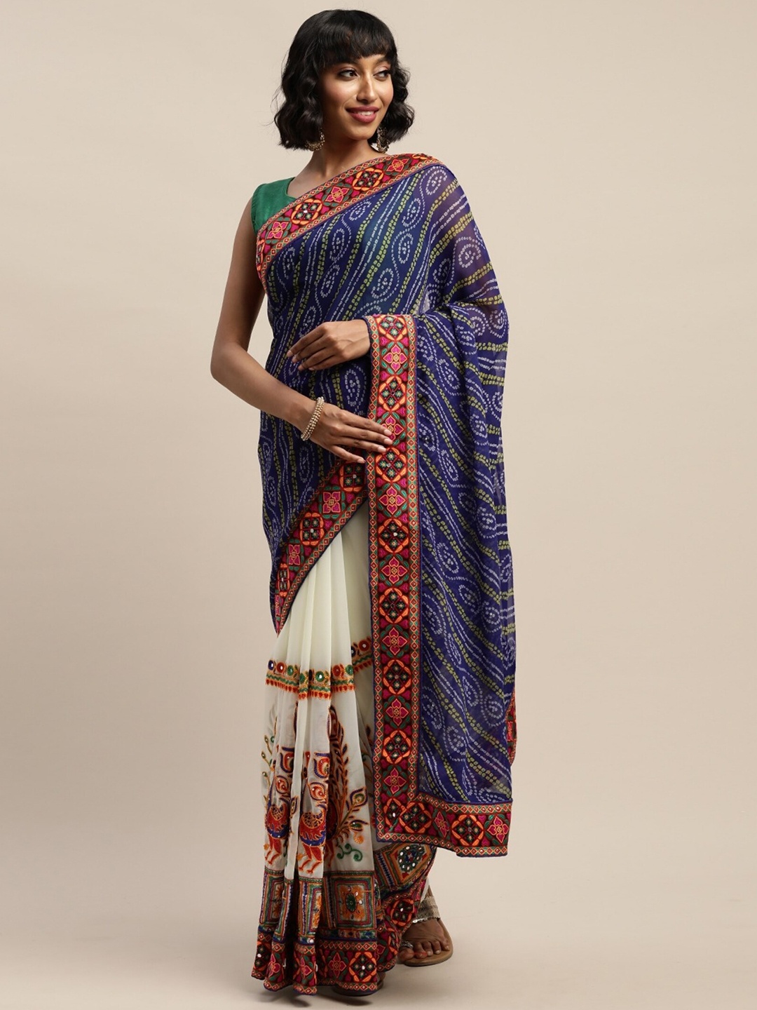 

KALINI Bandhani Embroidered Pure Georgette Designer Saree, Navy blue
