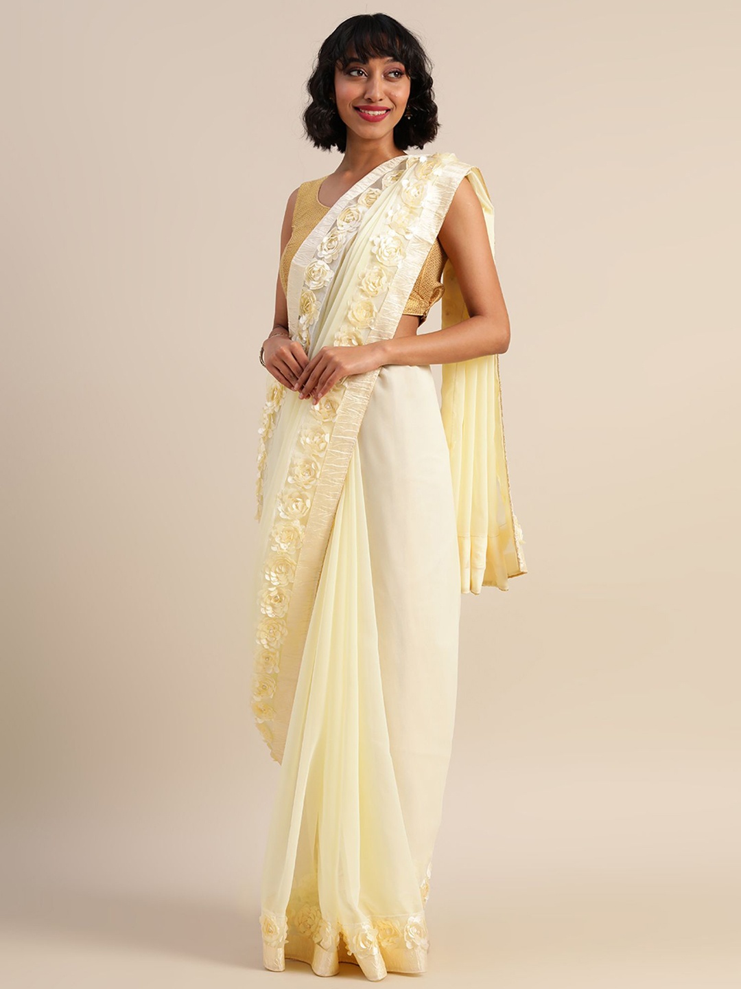 KALINI Floral Embroidered Pure Georgette Designer Saree, Cream