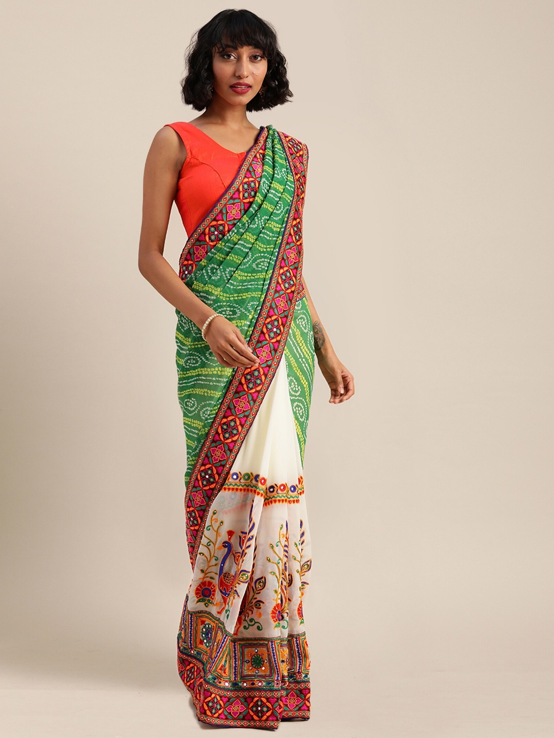 KALINI Bandhani Embroidered Pure Georgette Designer Saree, Green