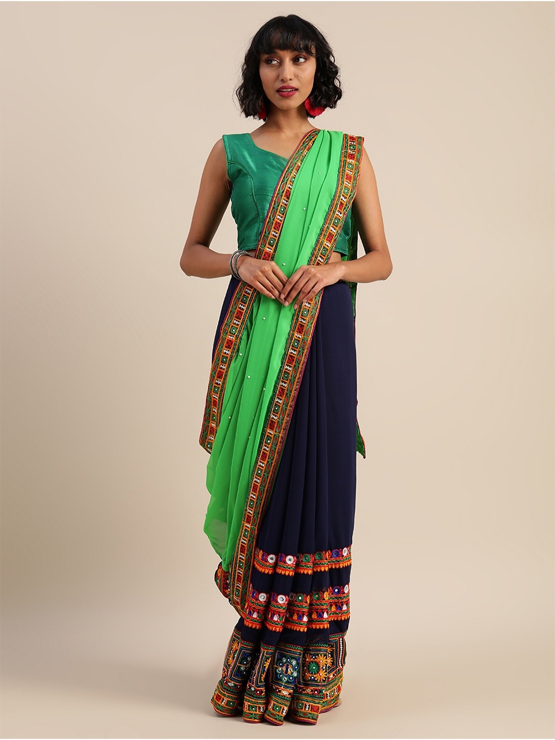 

KALINI Floral Embroidered Pure Georgette Half and Half Saree, Green