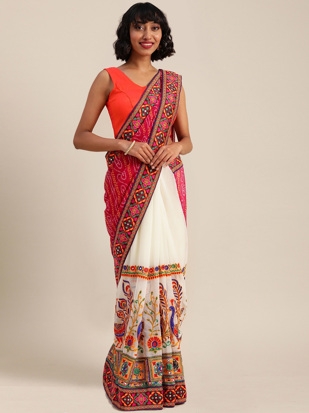 

KALINI Bandhani Embroidered Pure Georgette Designer Saree, Pink