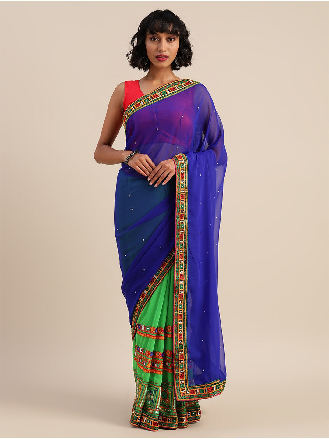 

KALINI Floral Embroidered Pure Georgette Half and Half Saree, Blue