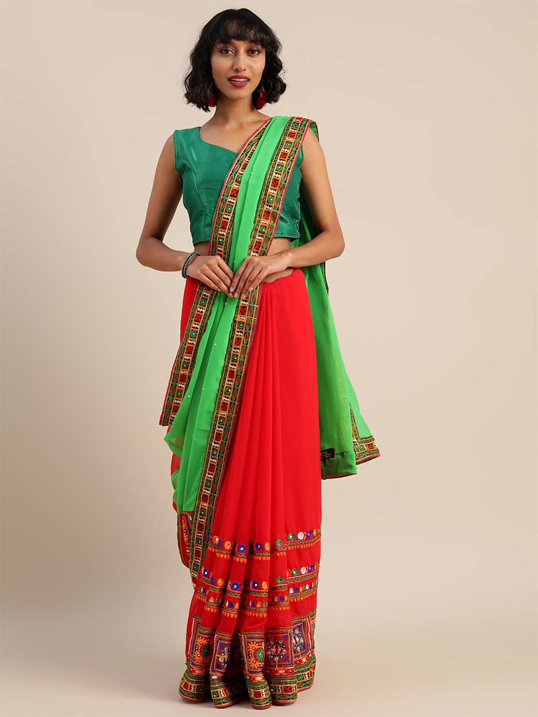 

KALINI Floral Embroidered Pure Georgette Half and Half Saree, Green