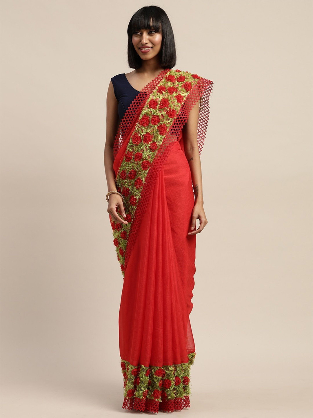 

KALINI Floral Embroidered Pure Chiffon Saree, Red