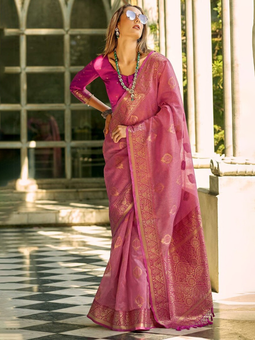 

MySilkLove Woven Design Zari Silk Blend Banarasi Saree, Pink