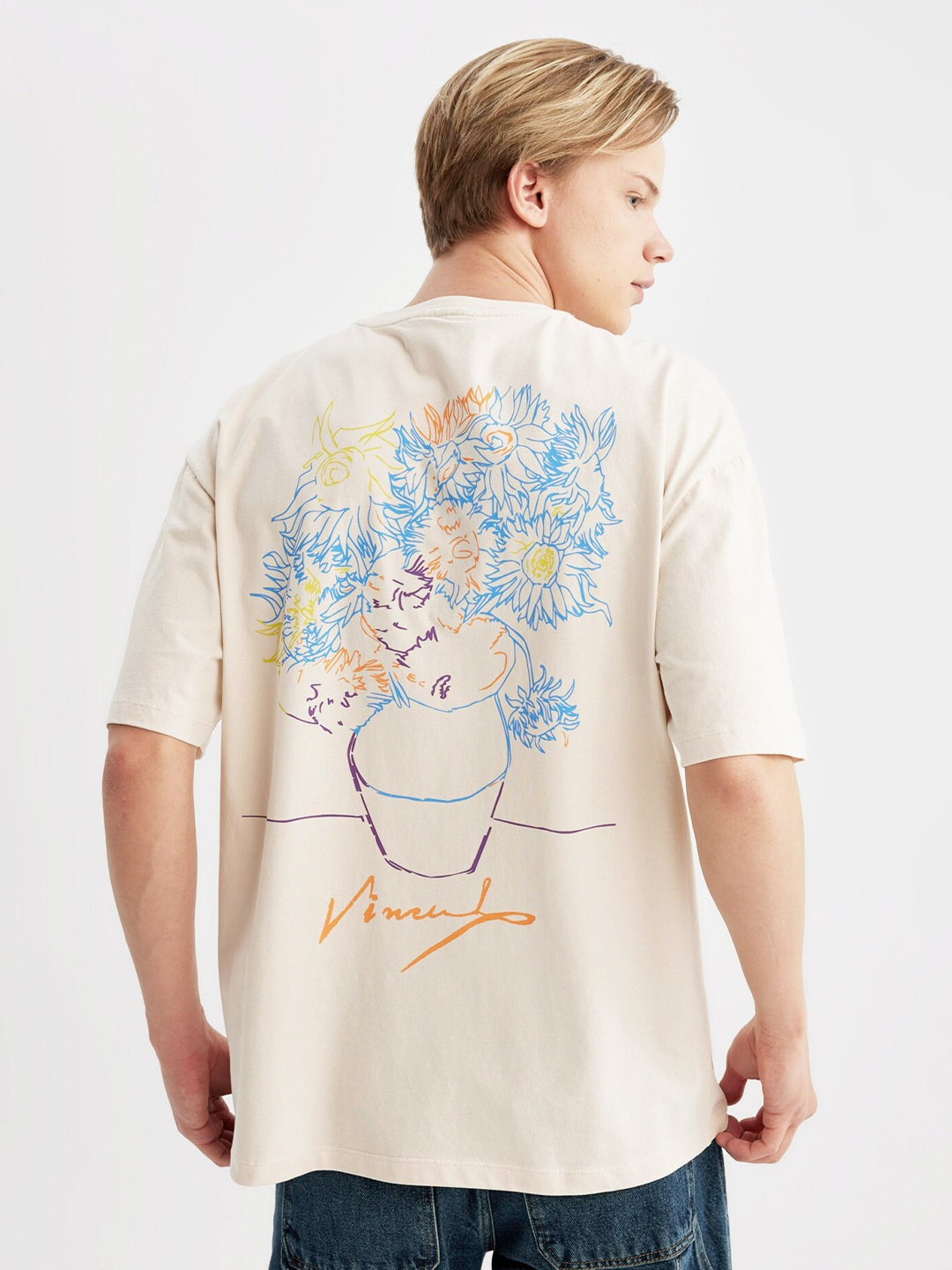 

DeFacto Men pure cotton Floral Printed Raw Edge T-shirt, Cream