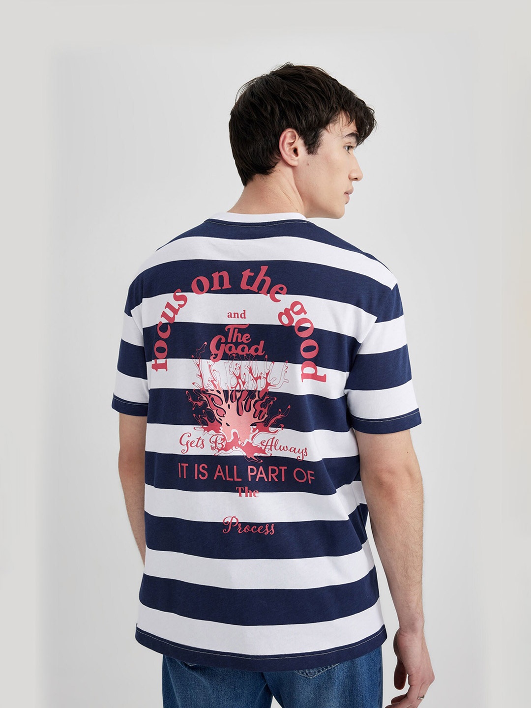 

DeFacto Men pure cotton Striped T-shirt, White