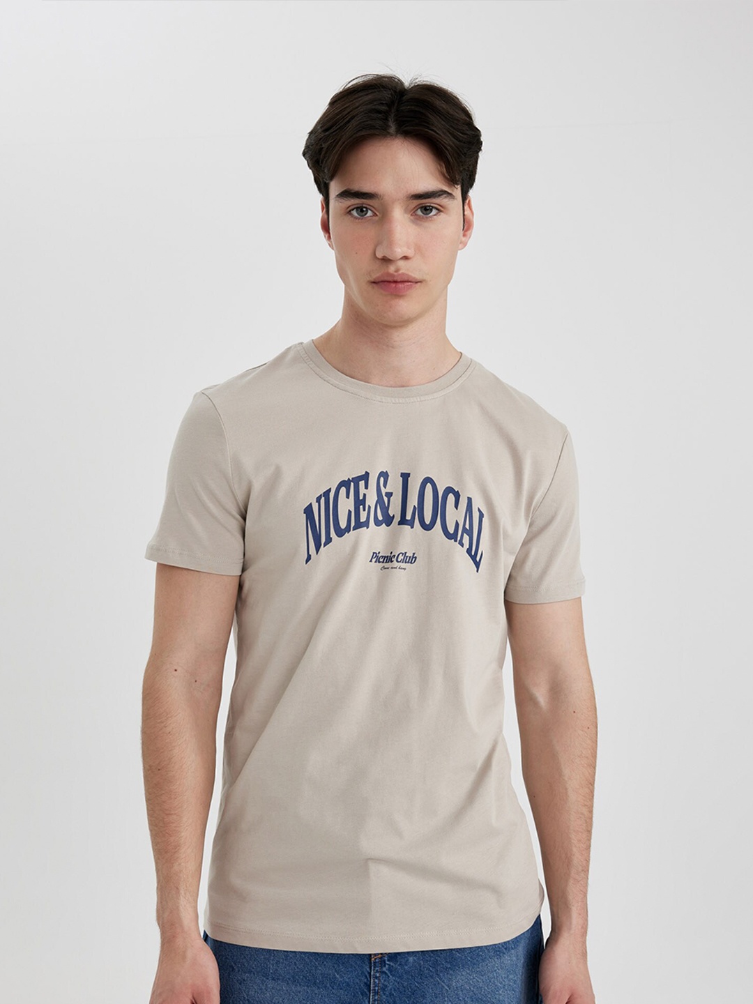 

DeFacto Men pure cotton Typography Printed T-shirt, Cream