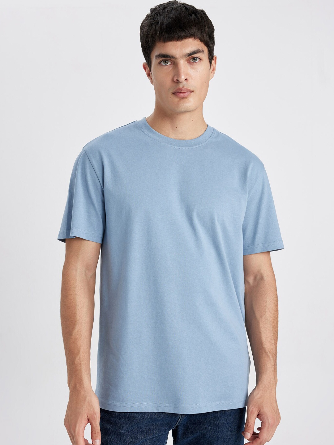 

DeFacto Men pure cotton Raw Edge T-shirt, Turquoise blue