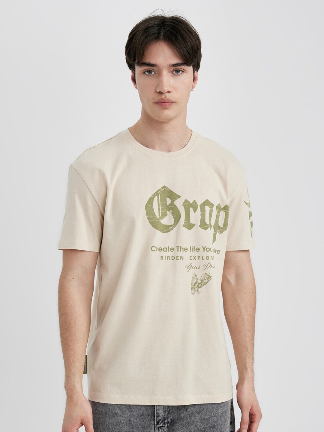 

DeFacto Men pure cotton Typography Printed T-shirt, Cream