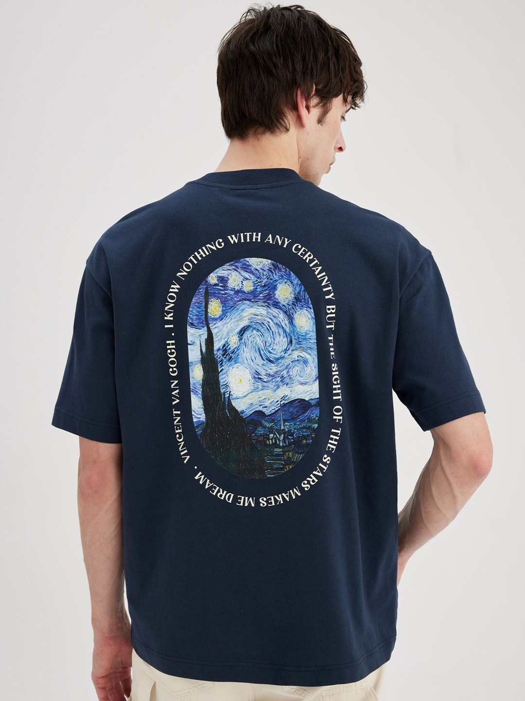 

DeFacto Men pure cotton Typography Printed Raw Edge T-shirt, Navy blue