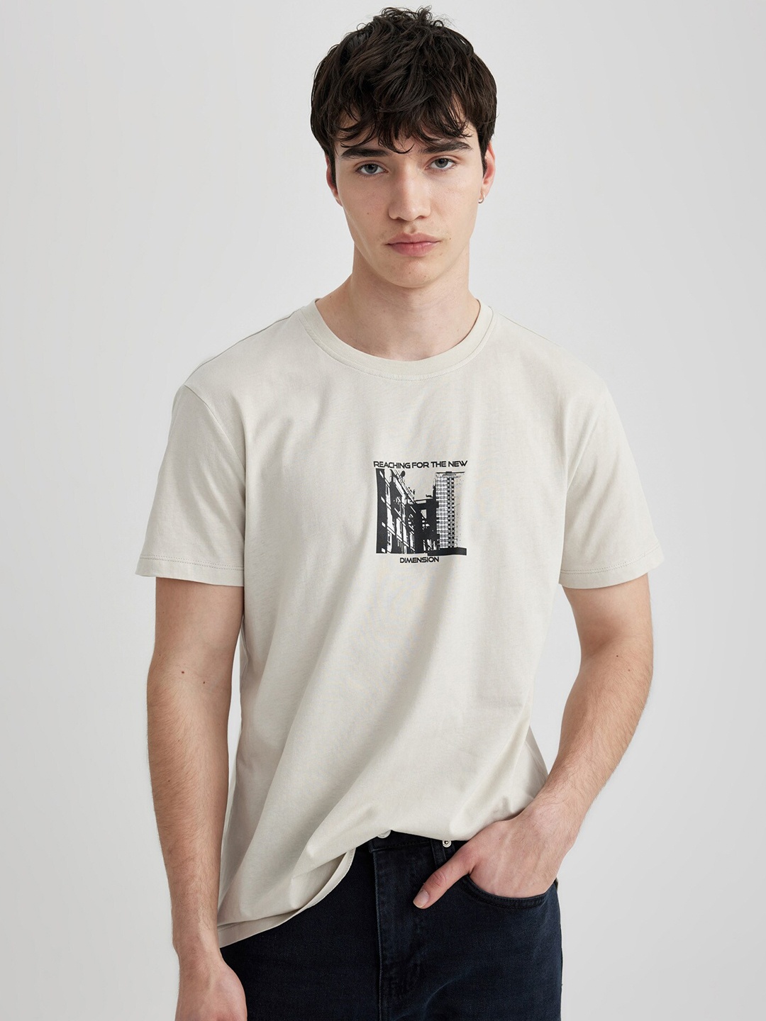 

DeFacto Men pure cotton Typography Printed T-shirt, Off white
