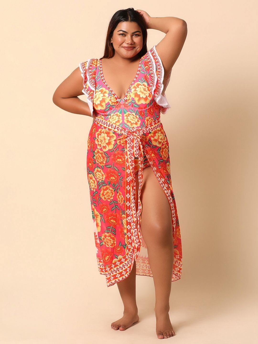 

WomanLikeU Floral Printed Swim Bodysuit With Sarong, Pink