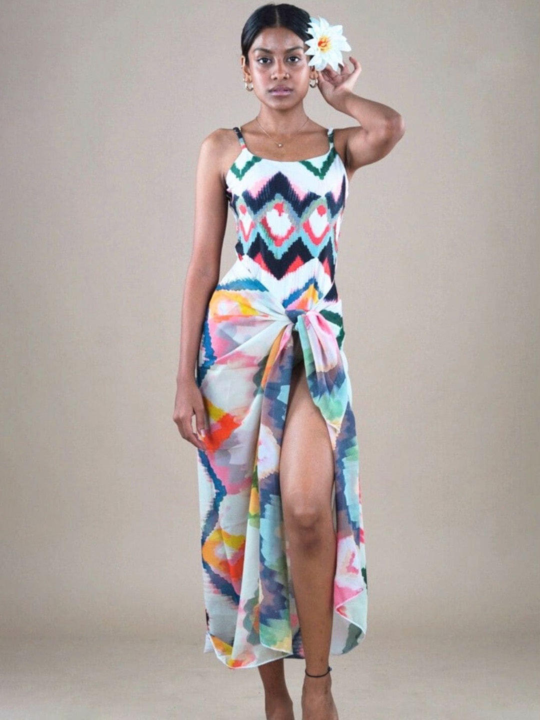 

WomanLikeU Abstract Printed Padded Swim Bodysuit With Cover-Up Sarong, White