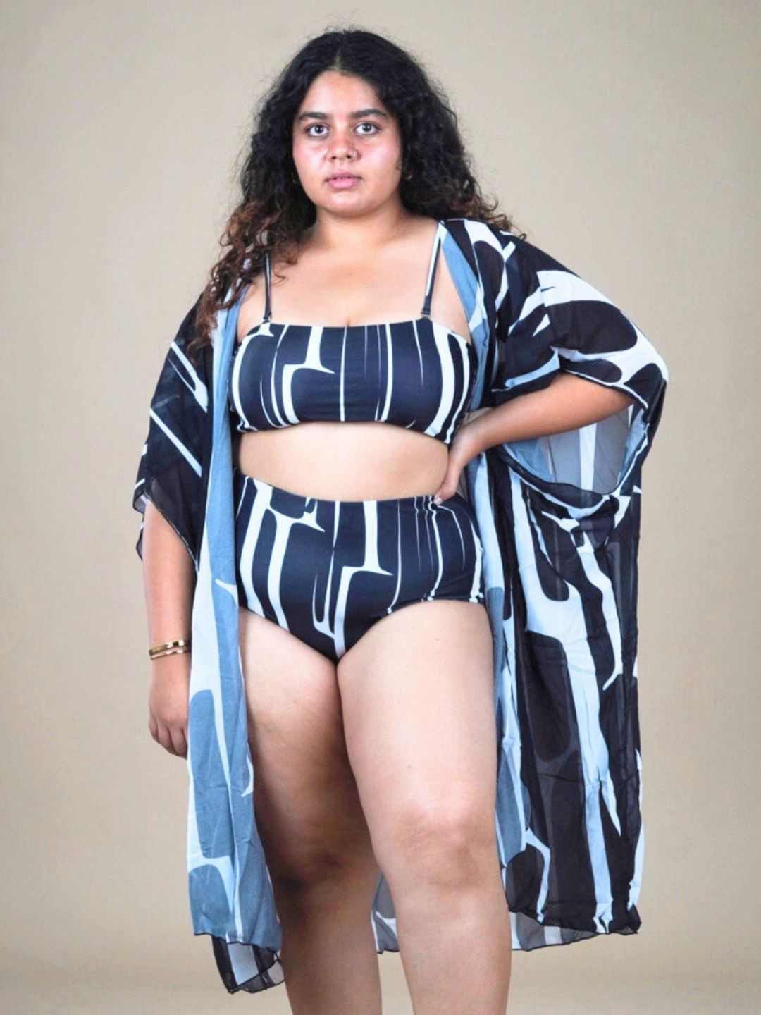 

WomanLikeU Abstract Printed Swim Bikini Set With Cover-Up, Black