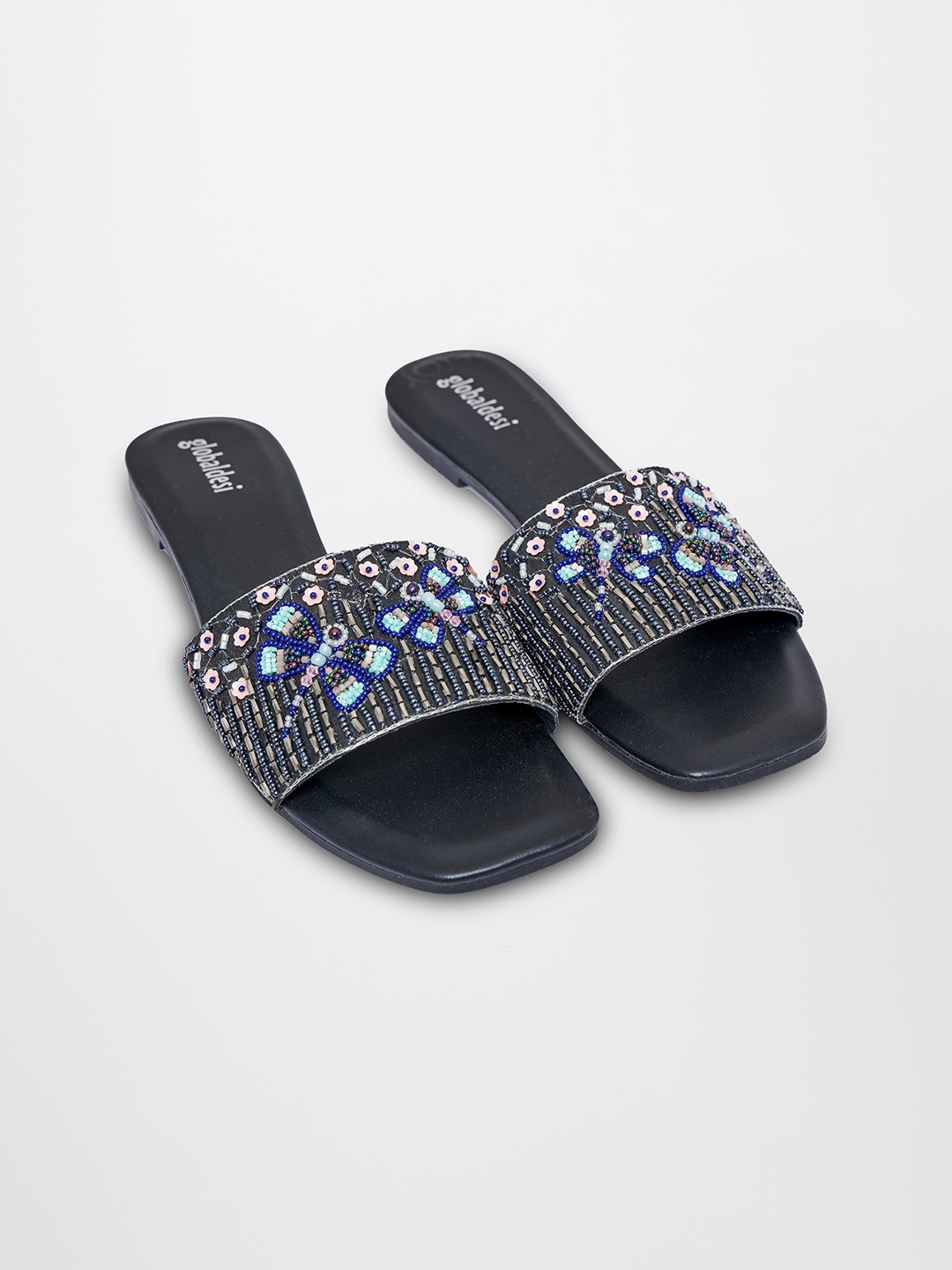 

Global Desi Embellished Open Toe Flats, Black