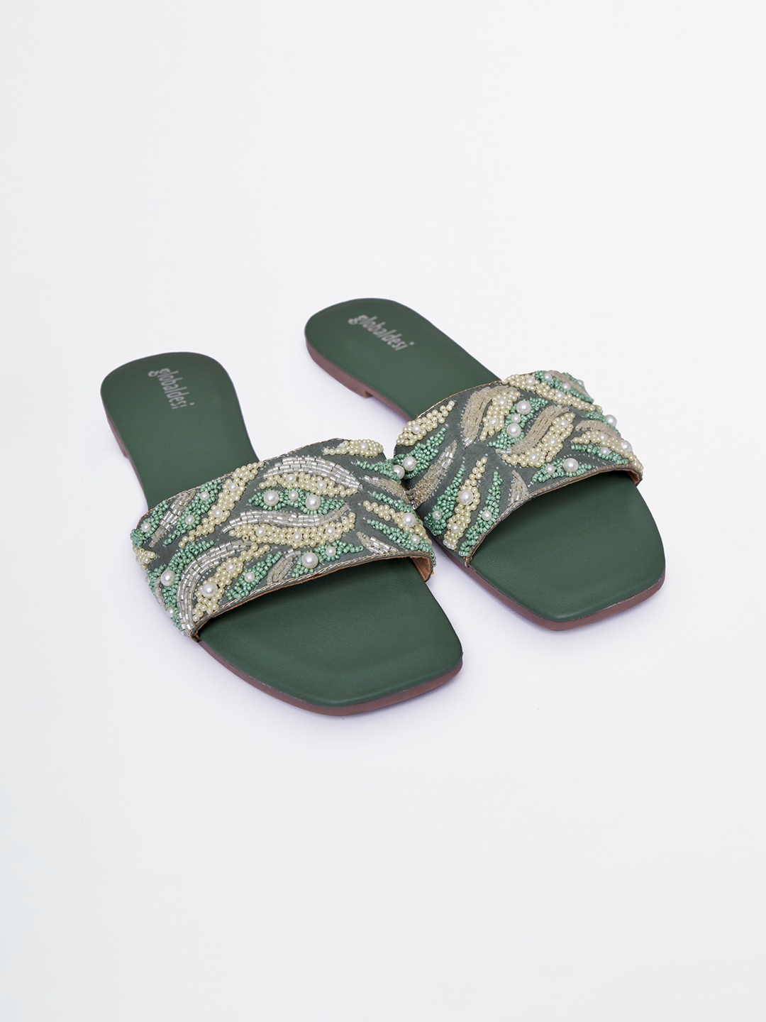 

Global Desi Women Embellished Open Toe Flats, Green