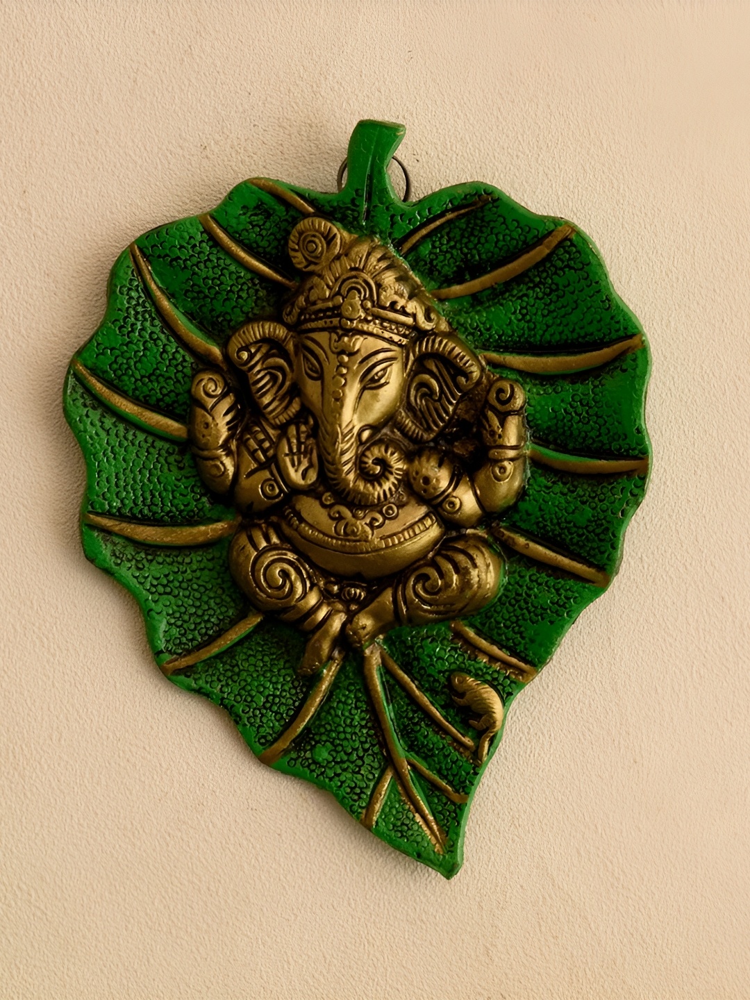 

TECHEL Green & Beige Lord Ganesha On Green Leaf Metal Wall Hanging