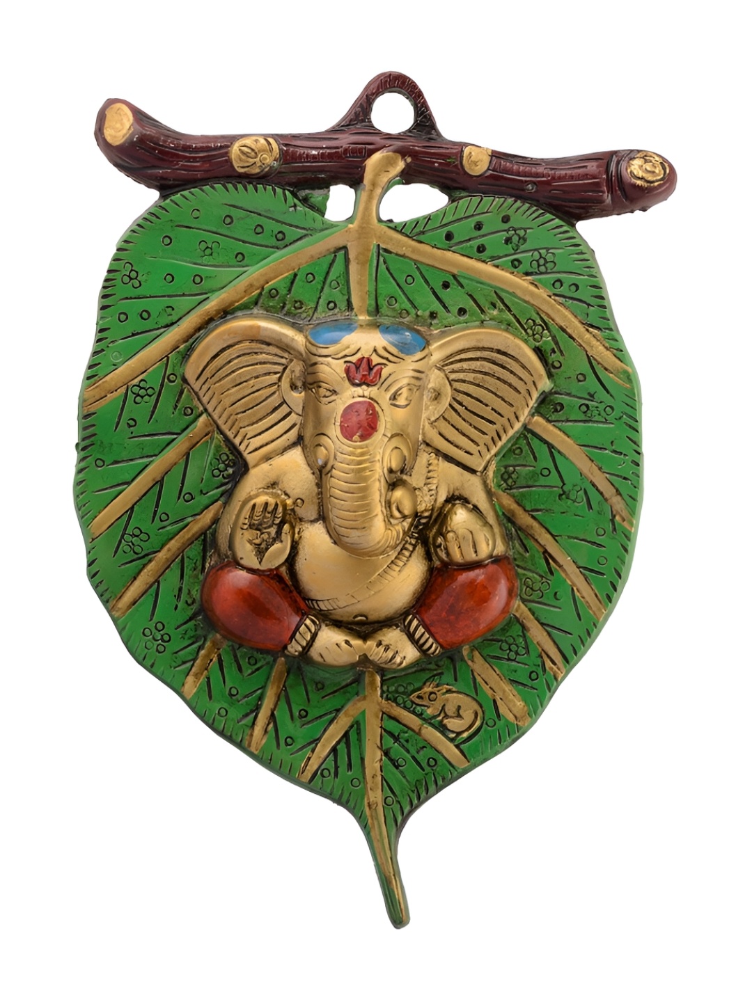 TECHEL Green & Beige Lord Ganesha On Green Leaf Metal Wall Hanging