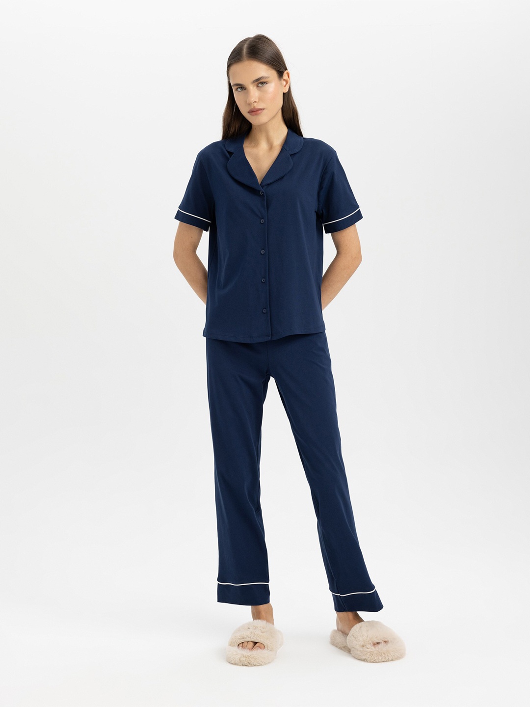 

DeFacto V-Neck Pure Cotton Night suit, Navy blue