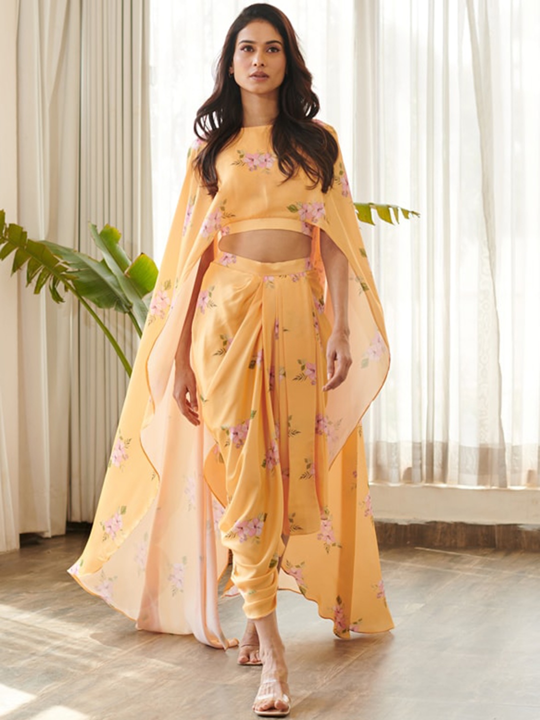 

Pasha Floral Printed Round Neck Cape Sleeve Top With Flared Skirt, Yellow