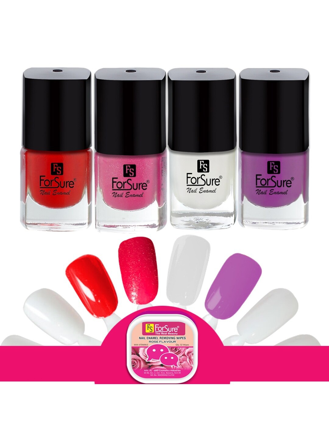 

ForSure Trendy Set Of 4 Nail Enamel-5ml Each -White-Glitter Pink-Purple-Deep Red, Multi