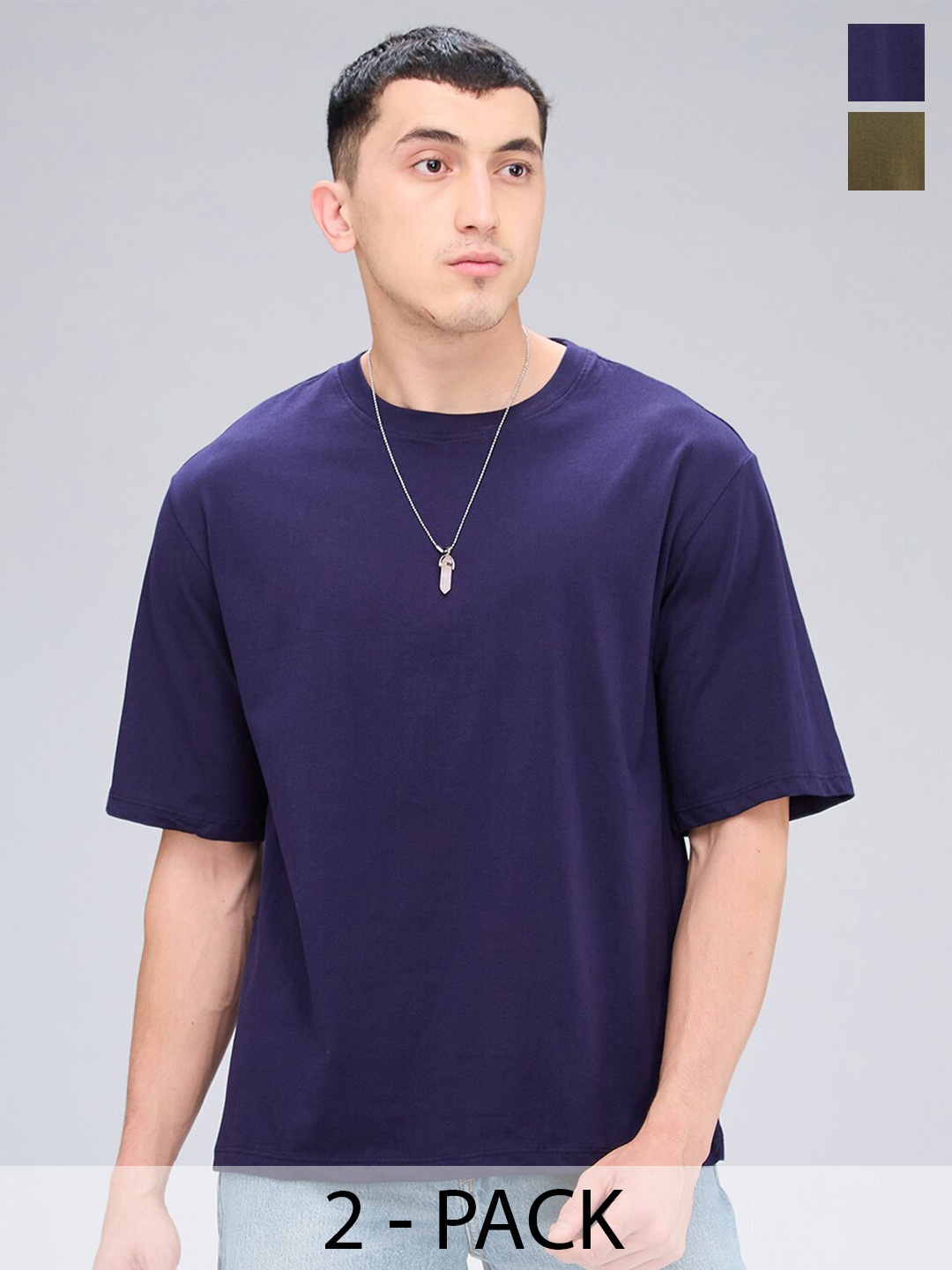 

NOIRA Pack of 2 Regular Fit Three-Quarter Sleeves Round Neck Cotton T-shirt, Navy blue