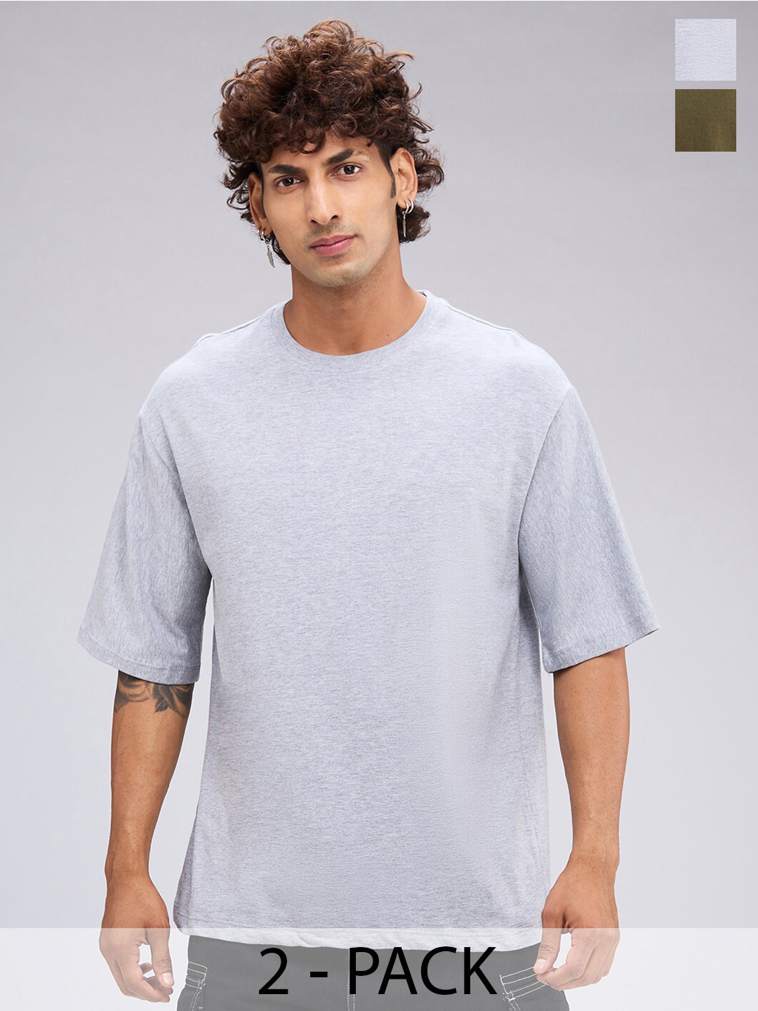 

NOIRA Pack of 2 Regular Fit Three-Quarter Sleeves Round Neck Cotton T-shirt, Olive