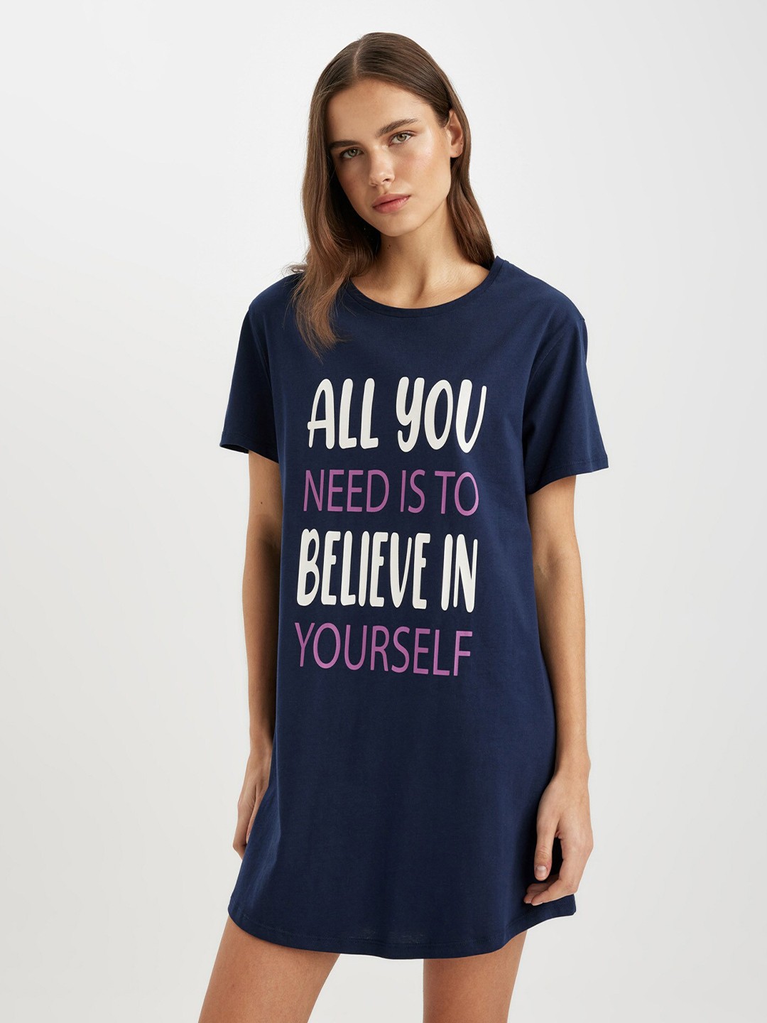 

DeFacto Women Print T-shirt Mini Dress, Navy blue