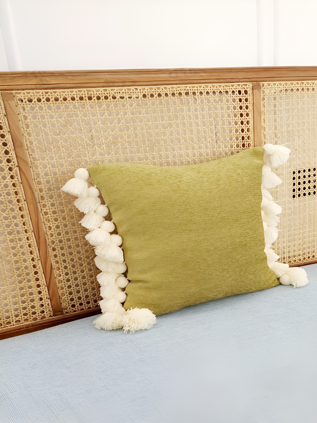 

THROWPILLOW Olive Green & White Embellished Square Cushion Covers