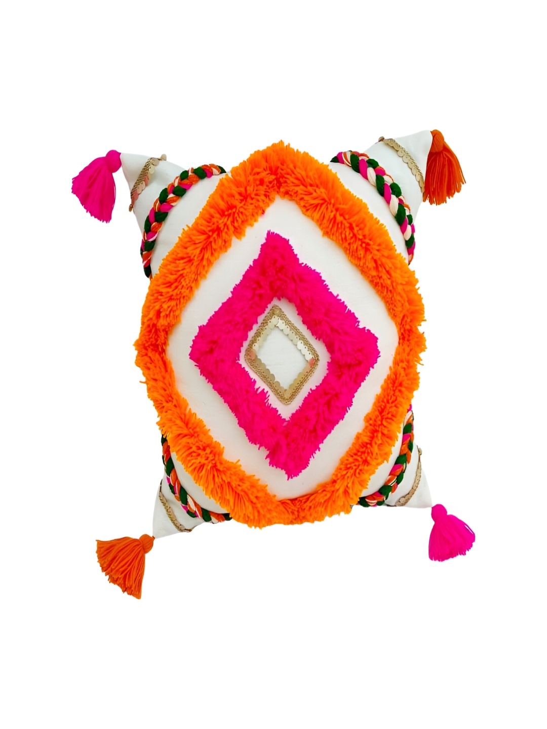 

THROWPILLOW White & Orange Embroidered Square Cushion Cover