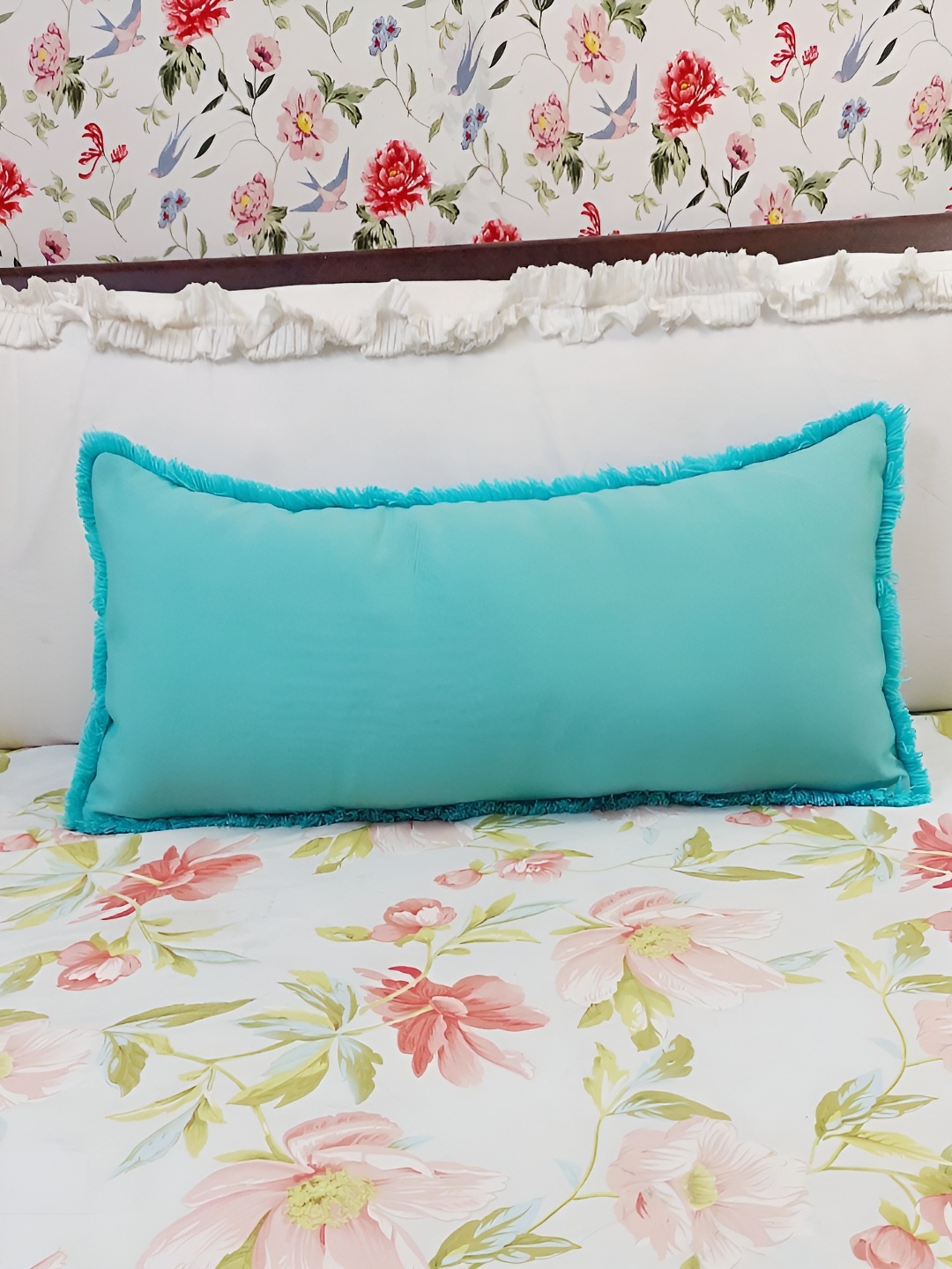 

THROWPILLOW Turquoise Blue Embellished Rectangle Cotton Cushion Cover