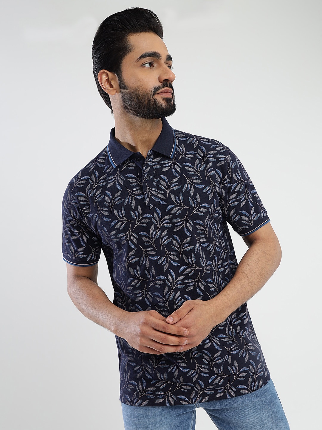 

Greenfibre Men Floral Printed Polo Collar Tropical Pockets Slim Fit T-shirt, Navy blue