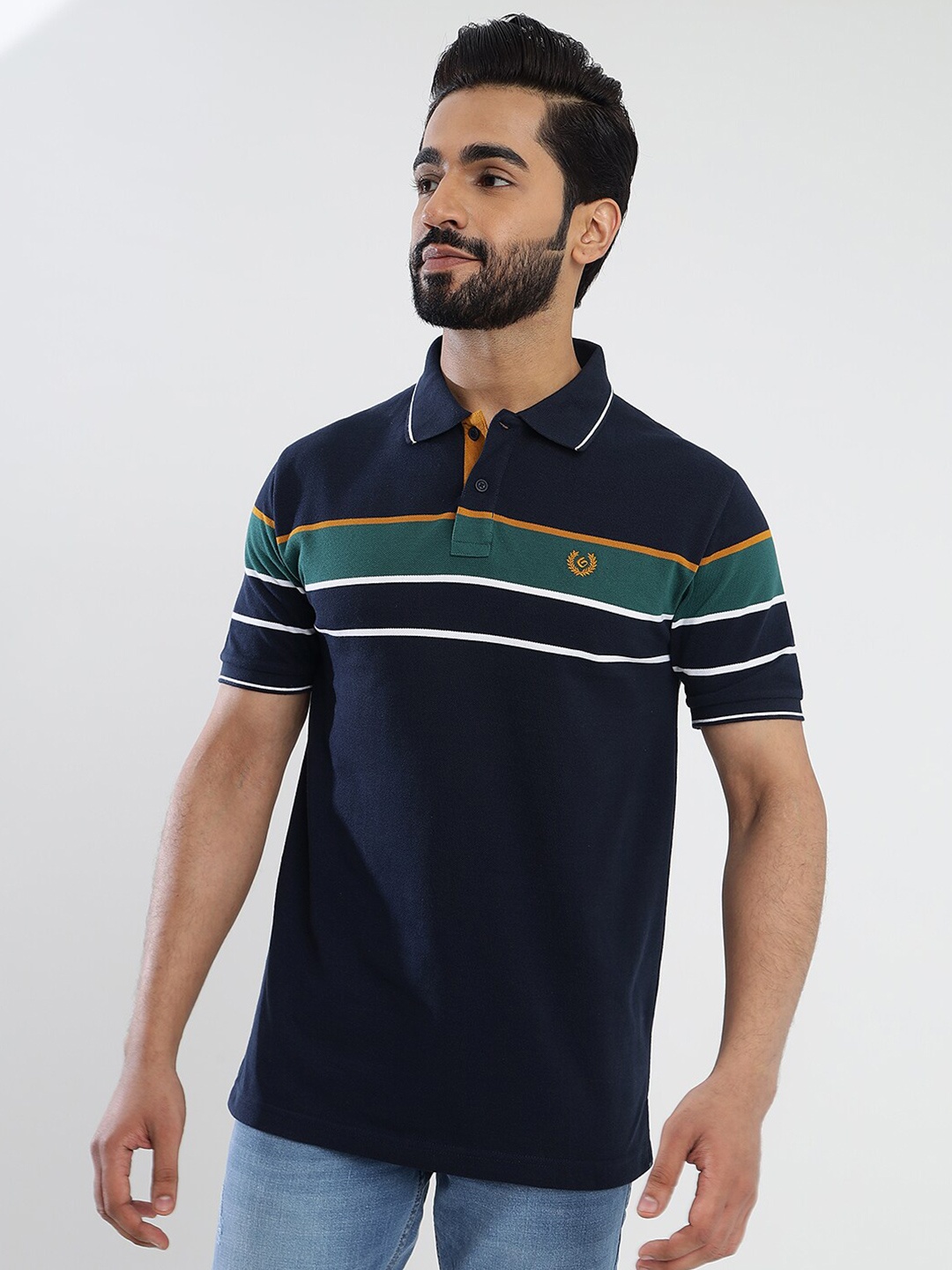 

Greenfibre Men Striped Polo Collar Pockets Slim Fit T-shirt, Navy blue