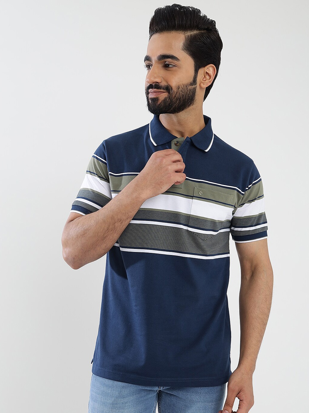 

Greenfibre Men Striped Polo Collar Pockets Slim Fit T-shirt, Navy blue